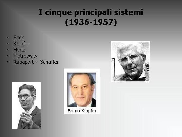 I cinque principali sistemi (1936 -1957) • • • Beck Klopfer Hertz Piotrowsky Rapaport I cinque principali sistemi (1936 -1957) • • • Beck Klopfer Hertz Piotrowsky Rapaport