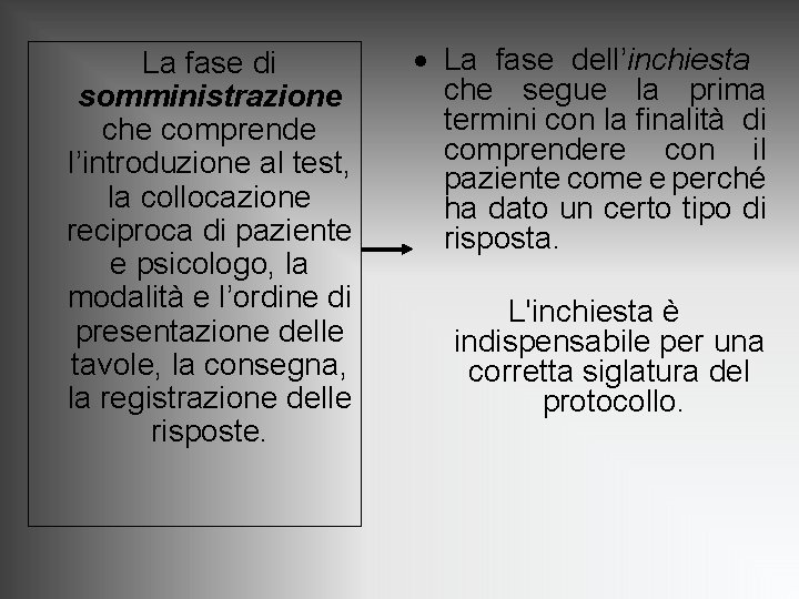 La fase di somministrazione che comprende l’introduzione al test, la collocazione reciproca di paziente La fase di somministrazione che comprende l’introduzione al test, la collocazione reciproca di paziente