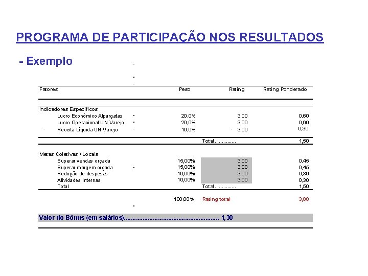 PROGRAMA DE PARTICIPAÇÃO NOS RESULTADOS - Exemplo Fatores Indicadores Específicos Lucro Econômico Alpargatas Lucro