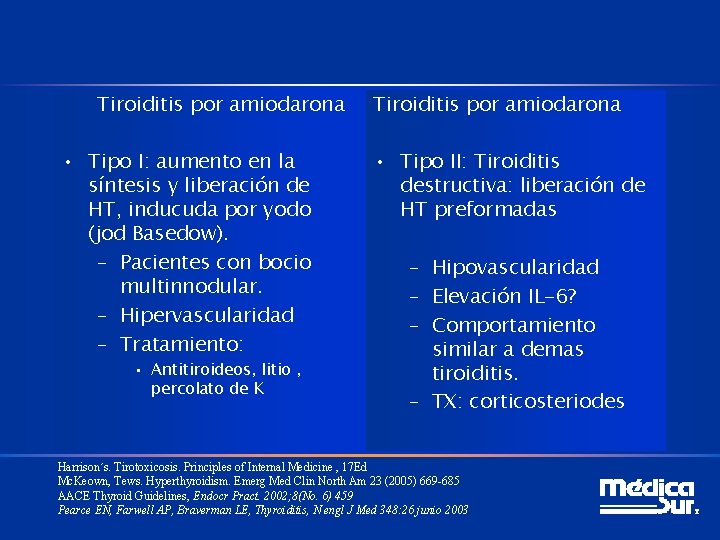 Tiroiditis por amiodarona • Tipo I: aumento en la síntesis y liberación de HT,
