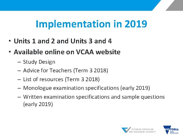 Implementation in 2019 • Units 1 and 2 and Units 3 and 4 •