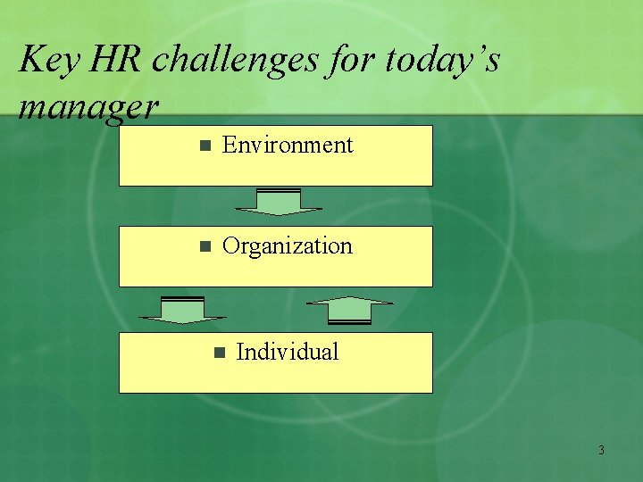 Key HR challenges for today’s manager n Environment n Organization n Individual 3 