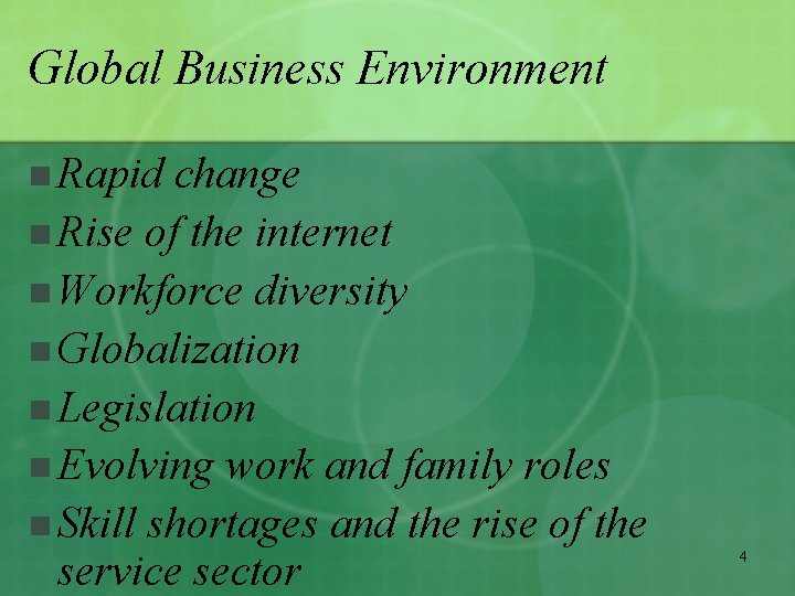 Global Business Environment n Rapid change n Rise of the internet n Workforce diversity