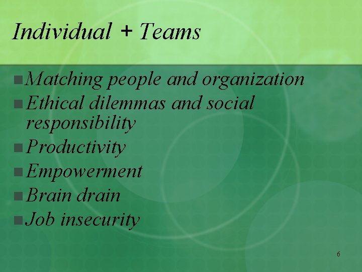 Individual + Teams n Matching people and organization n Ethical dilemmas and social responsibility