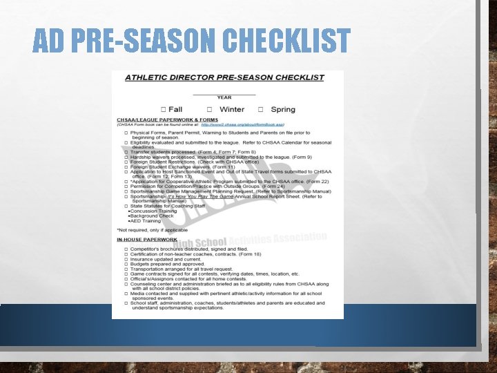 AD PRE-SEASON CHECKLIST 