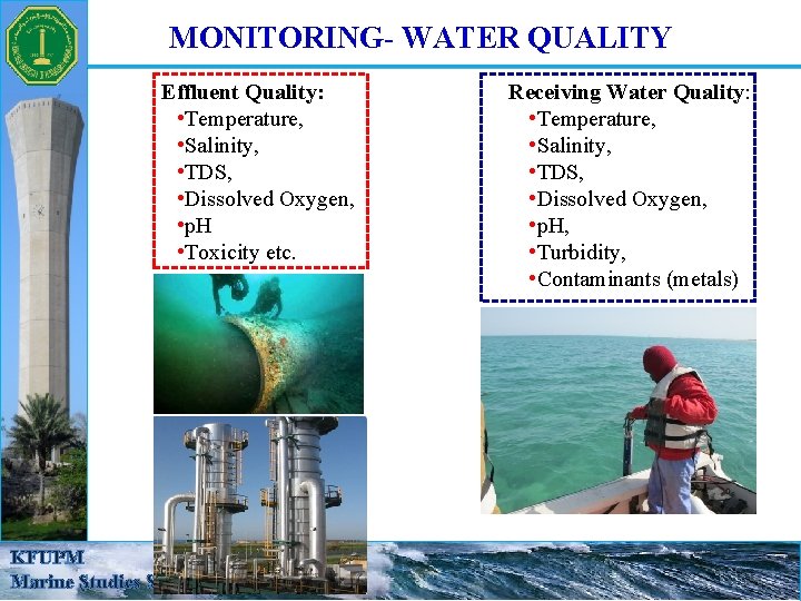 MONITORING- WATER QUALITY Effluent Quality: • Temperature, • Salinity, • TDS, • Dissolved Oxygen, MONITORING- WATER QUALITY Effluent Quality: • Temperature, • Salinity, • TDS, • Dissolved Oxygen,