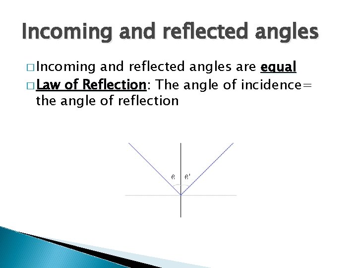 Incoming and reflected angles � Incoming and reflected angles are equal � Law of