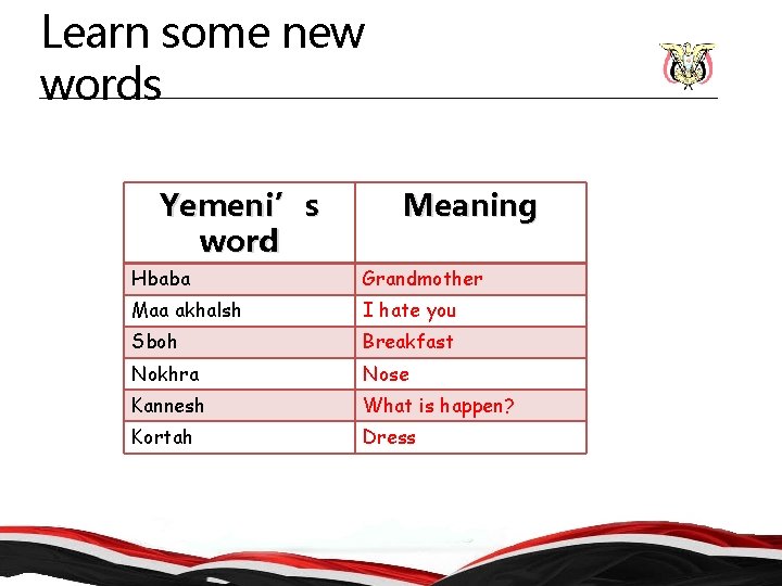 Learn some new words Yemeni’s word Meaning Hbaba Grandmother Maa akhalsh I hate you