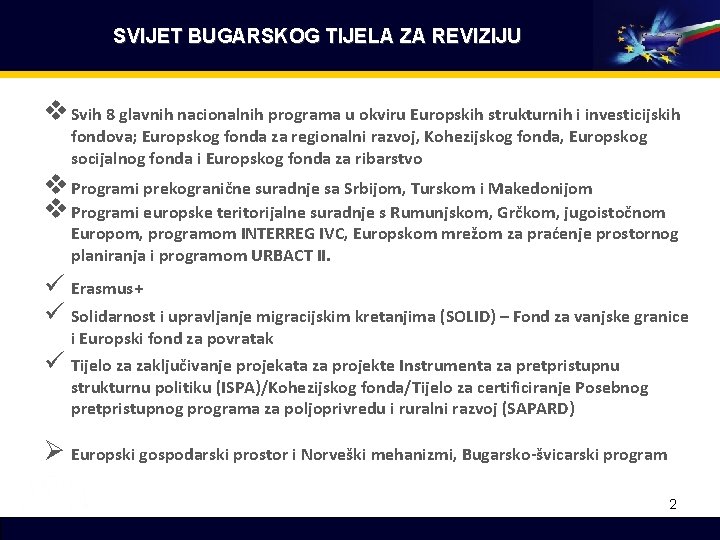 SVIJET BUGARSKOG TIJELA ZA REVIZIJU v Svih 8 glavnih nacionalnih programa u okviru Europskih