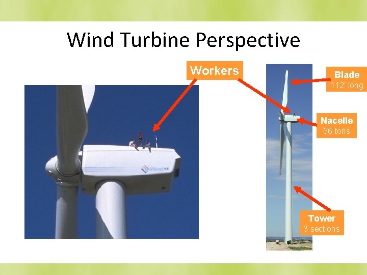 Wind Turbine Perspective Workers Blade 112’ long Nacelle 56 tons Tower 3 sections 
