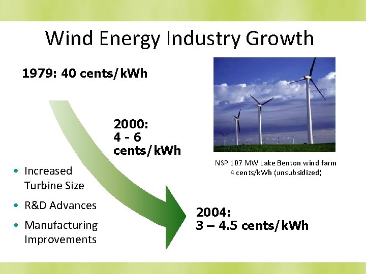 Wind Energy Industry Growth 1979: 40 cents/k. Wh 2000: 4 -6 cents/k. Wh •