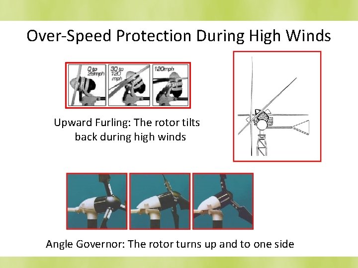 Over-Speed Protection During High Winds Upward Furling: The rotor tilts back during high winds