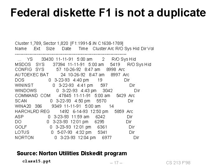 Federal diskette F 1 is not a duplicate Cluster 1, 789, Sector 1, 820