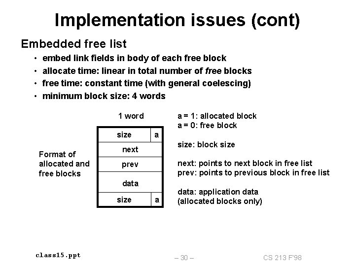 Implementation issues (cont) Embedded free list • • embed link fields in body of