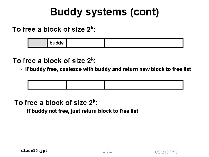 Buddy systems (cont) To free a block of size 2 k: buddy To free