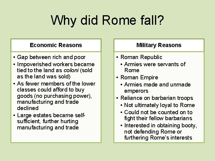 Why did Rome fall? Economic Reasons • Gap between rich and poor • Impoverished