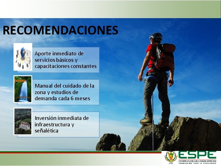 RECOMENDACIONES Aporte inmediato de servicios básicos y capacitaciones constantes Manual del cuidado de la