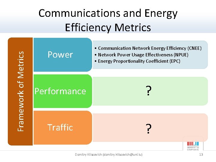 Framework of Metrics Communications and Energy Efficiency Metrics Power • Communication Network Energy Efficiency