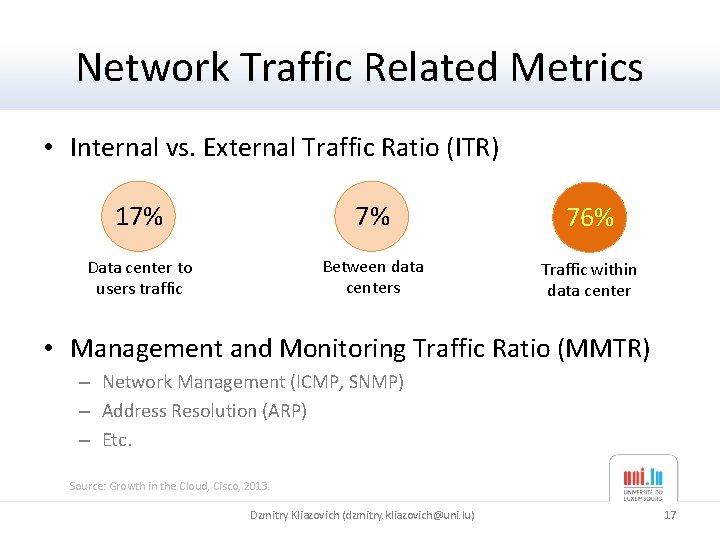 Network Traffic Related Metrics • Internal vs. External Traffic Ratio (ITR) 17% 7% 76%