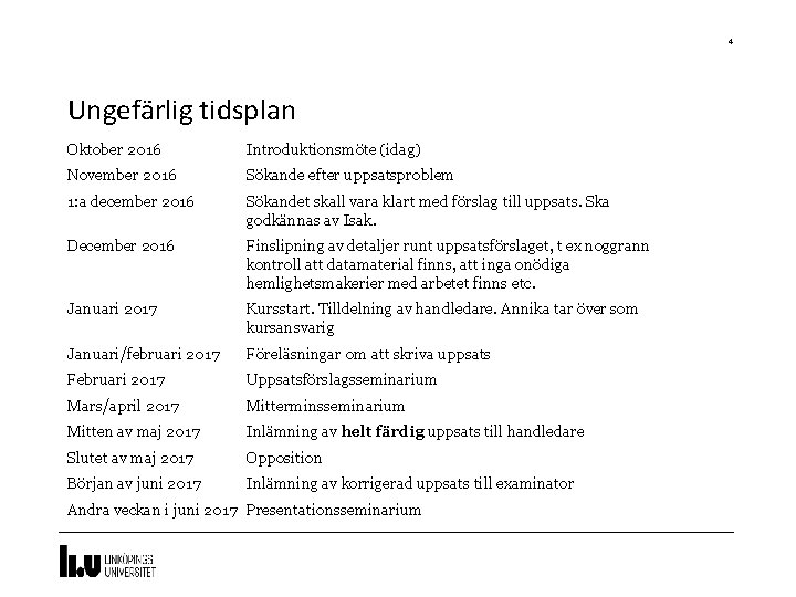 4 Ungefärlig tidsplan Oktober 2016 Introduktionsmöte (idag) November 2016 Sökande efter uppsatsproblem 1: a