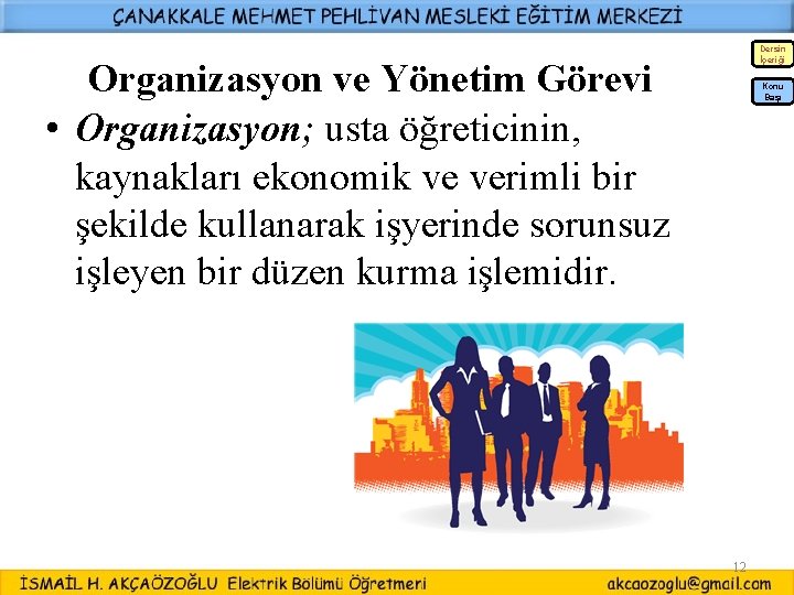 Dersin İçeriği Organizasyon ve Yönetim Görevi • Organizasyon; usta öğreticinin, kaynakları ekonomik ve verimli Dersin İçeriği Organizasyon ve Yönetim Görevi • Organizasyon; usta öğreticinin, kaynakları ekonomik ve verimli