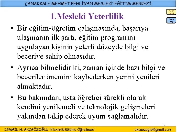 Dersin İçeriği 1. Mesleki Yeterlilik Konu Başı • Bir eğitim-öğretim çalışmasında, başarıya ulaşmanın ilk Dersin İçeriği 1. Mesleki Yeterlilik Konu Başı • Bir eğitim-öğretim çalışmasında, başarıya ulaşmanın ilk