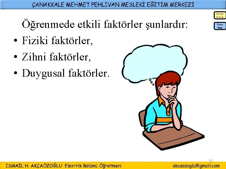 Dersin İçeriği Öğrenmede etkili faktörler şunlardır: • Fiziki faktörler, • Zihni faktörler, • Duygusal Dersin İçeriği Öğrenmede etkili faktörler şunlardır: • Fiziki faktörler, • Zihni faktörler, • Duygusal