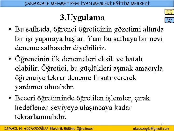 Dersin İçeriği 3. Uygulama Konu Başı • Bu safhada, öğrenci öğreticinin gözetimi altında bir Dersin İçeriği 3. Uygulama Konu Başı • Bu safhada, öğrenci öğreticinin gözetimi altında bir