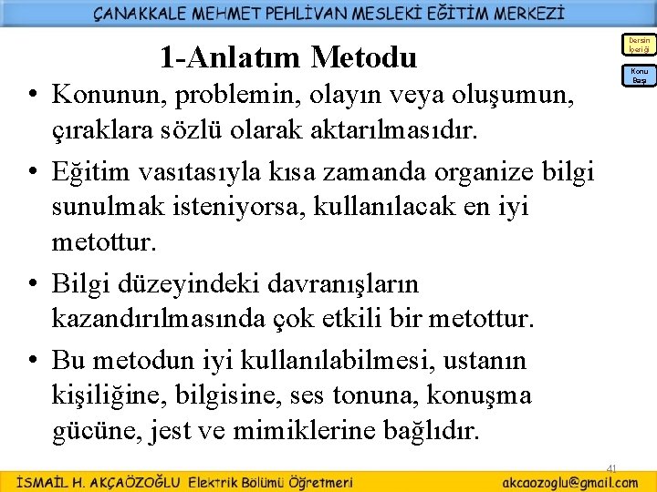 Dersin İçeriği 1 -Anlatım Metodu Konu Başı • Konunun, problemin, olayın veya oluşumun, çıraklara Dersin İçeriği 1 -Anlatım Metodu Konu Başı • Konunun, problemin, olayın veya oluşumun, çıraklara