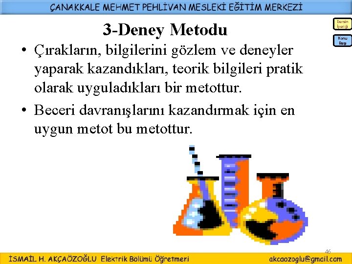 Dersin İçeriği 3 -Deney Metodu Konu Başı • Çırakların, bilgilerini gözlem ve deneyler yaparak Dersin İçeriği 3 -Deney Metodu Konu Başı • Çırakların, bilgilerini gözlem ve deneyler yaparak