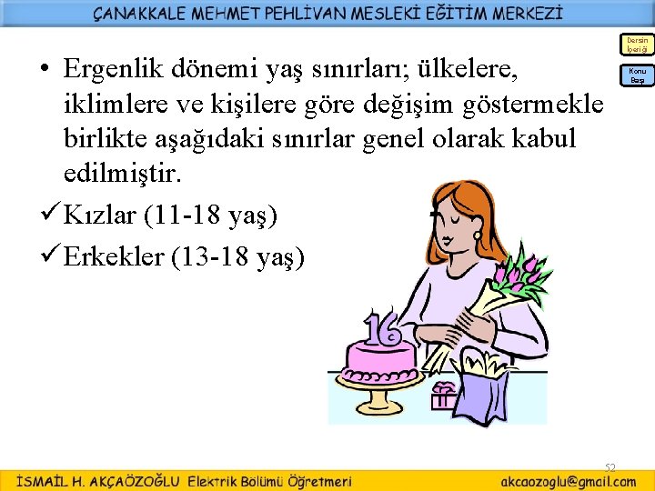 Dersin İçeriği • Ergenlik dönemi yaş sınırları; ülkelere, iklimlere ve kişilere göre değişim göstermekle Dersin İçeriği • Ergenlik dönemi yaş sınırları; ülkelere, iklimlere ve kişilere göre değişim göstermekle