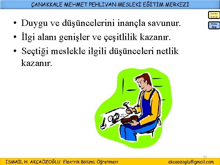 Dersin İçeriği • Duygu ve düşüncelerini inançla savunur. • İlgi alanı genişler ve çeşitlilik Dersin İçeriği • Duygu ve düşüncelerini inançla savunur. • İlgi alanı genişler ve çeşitlilik