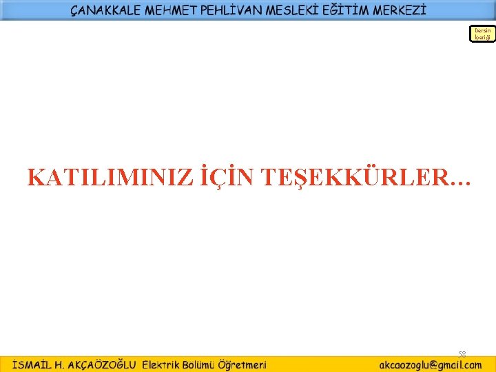 Dersin İçeriği KATILIMINIZ İÇİN TEŞEKKÜRLER… 58 Dersin İçeriği KATILIMINIZ İÇİN TEŞEKKÜRLER… 58