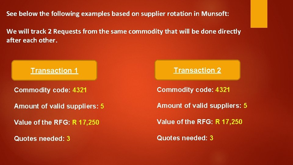 See below the following examples based on supplier rotation in Munsoft: We will track See below the following examples based on supplier rotation in Munsoft: We will track