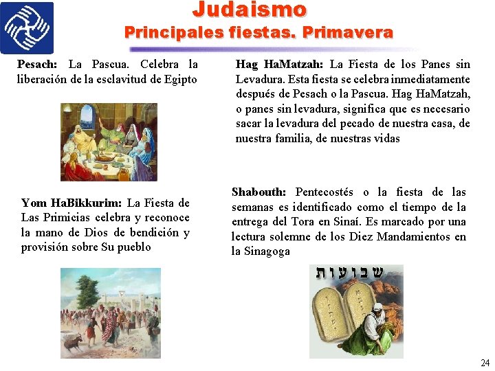 Judaismo Principales fiestas. Primavera Pesach: La Pascua. Celebra la liberación de la esclavitud de