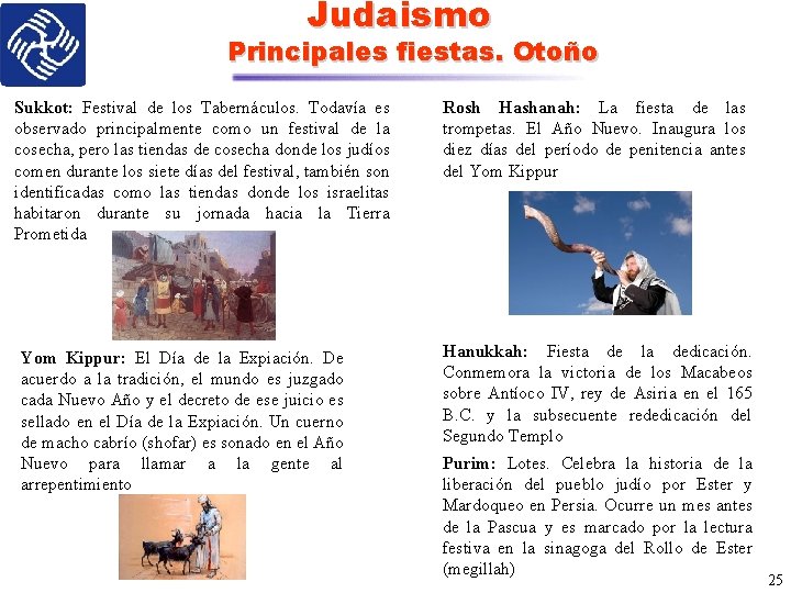 Judaismo Principales fiestas. Otoño Sukkot: Festival de los Tabernáculos. Todavía es observado principalmente como