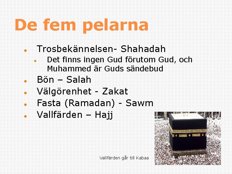 De fem pelarna Trosbekännelsen- Shahadah Det finns ingen Gud förutom Gud, och Muhammed är De fem pelarna Trosbekännelsen- Shahadah Det finns ingen Gud förutom Gud, och Muhammed är