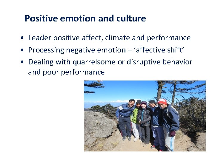 Positive emotion and culture • Leader positive affect, climate and performance • Processing negative