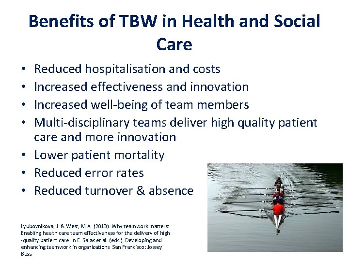 Benefits of TBW in Health and Social Care Reduced hospitalisation and costs Increased effectiveness