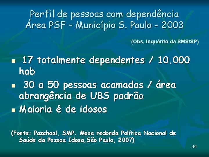 Perfil de pessoas com dependência Área PSF – Município S. Paulo - 2003 (Obs. Perfil de pessoas com dependência Área PSF – Município S. Paulo - 2003 (Obs.