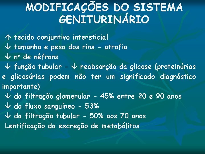 MODIFICAÇÕES DO SISTEMA GENITURINÁRIO tecido conjuntivo intersticial tamanho e peso dos rins - atrofia MODIFICAÇÕES DO SISTEMA GENITURINÁRIO tecido conjuntivo intersticial tamanho e peso dos rins - atrofia