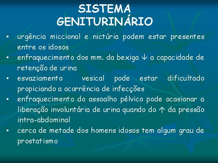 SISTEMA GENITURINÁRIO • • • urgência miccional e nictúria podem estar presentes entre os SISTEMA GENITURINÁRIO • • • urgência miccional e nictúria podem estar presentes entre os