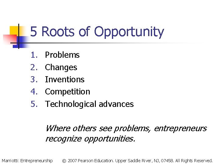 5 Roots of Opportunity 1. 2. 3. 4. 5. Problems Changes Inventions Competition Technological