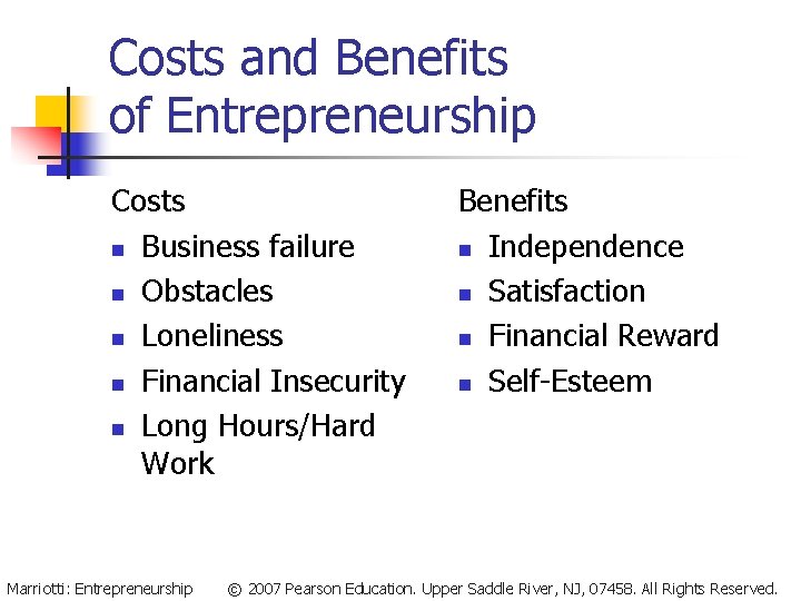 Costs and Benefits of Entrepreneurship Costs n Business failure n Obstacles n Loneliness n