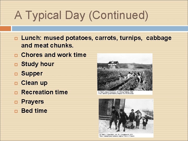 A Typical Day (Continued) Lunch: mused potatoes, carrots, turnips, cabbage and meat chunks. Chores