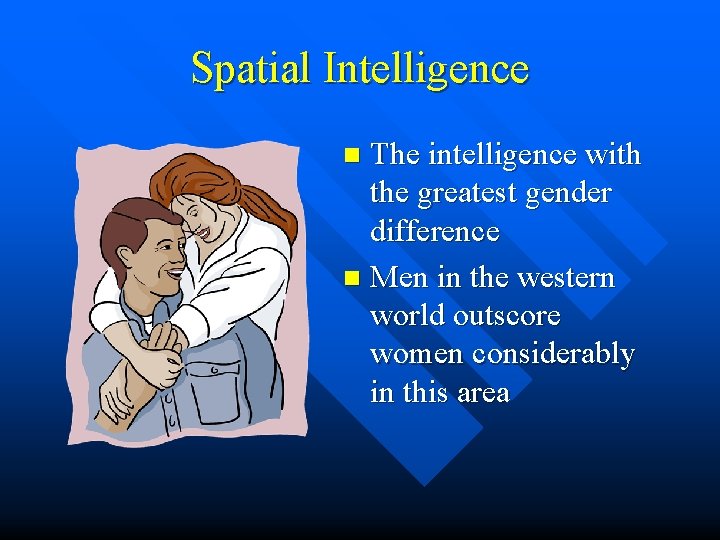 Spatial Intelligence The intelligence with the greatest gender difference n Men in the western Spatial Intelligence The intelligence with the greatest gender difference n Men in the western