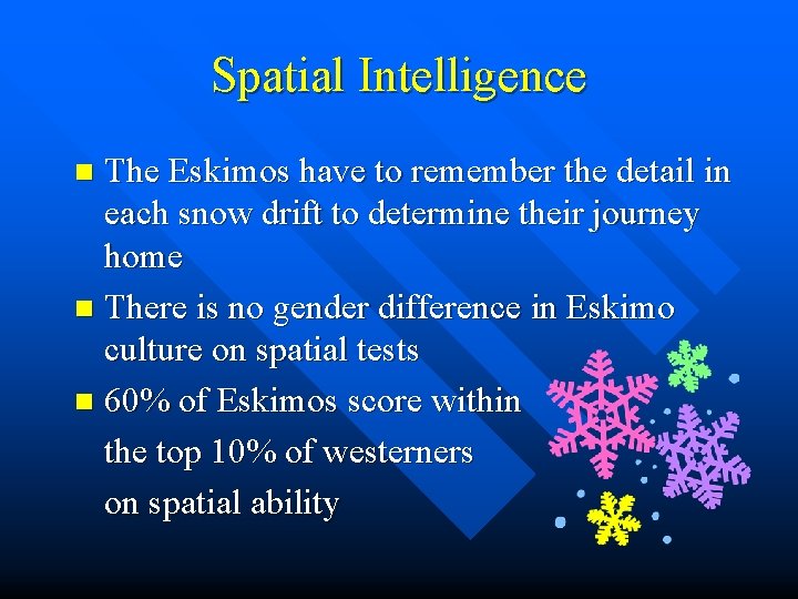 Spatial Intelligence The Eskimos have to remember the detail in each snow drift to Spatial Intelligence The Eskimos have to remember the detail in each snow drift to
