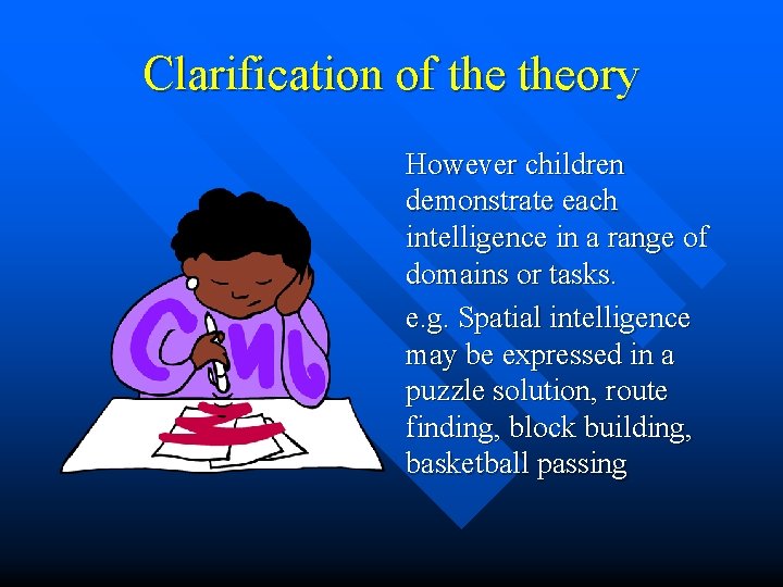 Clarification of theory However children demonstrate each intelligence in a range of domains or Clarification of theory However children demonstrate each intelligence in a range of domains or