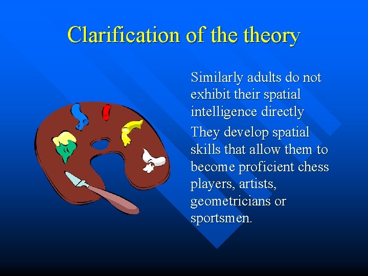 Clarification of theory Similarly adults do not exhibit their spatial intelligence directly They develop Clarification of theory Similarly adults do not exhibit their spatial intelligence directly They develop