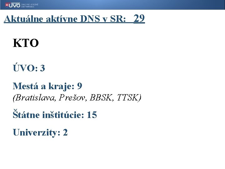 Aktuálne aktívne DNS v SR: 29 KTO ÚVO: 3 Mestá a kraje: 9 (Bratislava,